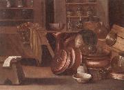 A Kitchen still life of utensils and fruit in a basket,shelves with wine caskets beyond